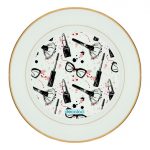 طبق زينة للطعام باطار داخلي ذهبي بتصميم ادوات المكياج والموضة