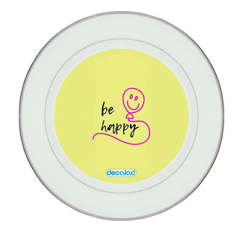 طبق زينة للطعام باطار داخلي فضي بتصميم كن سعيد طبق زينة للطعام باطار داخلي فضي بتصميم كن سعيد