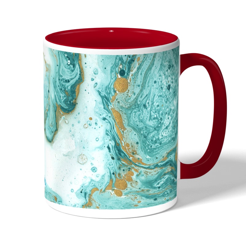 كوب قهوة بمقبض احمر بتصميم أزرق ذهبي كوب قهوة بمقبض احمر بتصميم أزرق ذهبي