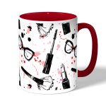 كوب قهوة بمقبض احمر بتصميم ادوات المكياج والموضة