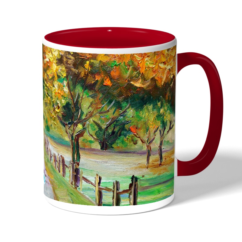 كوب قهوة بمقبض احمر بتصميم رسم الطبيعه كوب قهوة بمقبض احمر بتصميم رسم الطبيعه