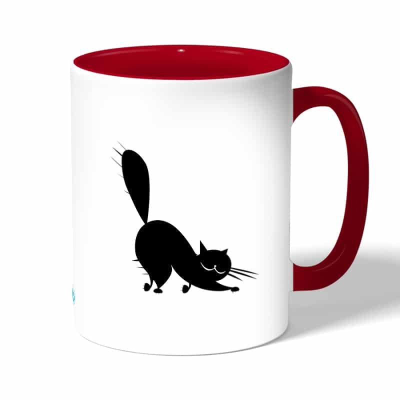 كوب قهوة بمقبض احمر بتصميم قط اسود كوب قهوة بمقبض احمر بتصميم قط اسود