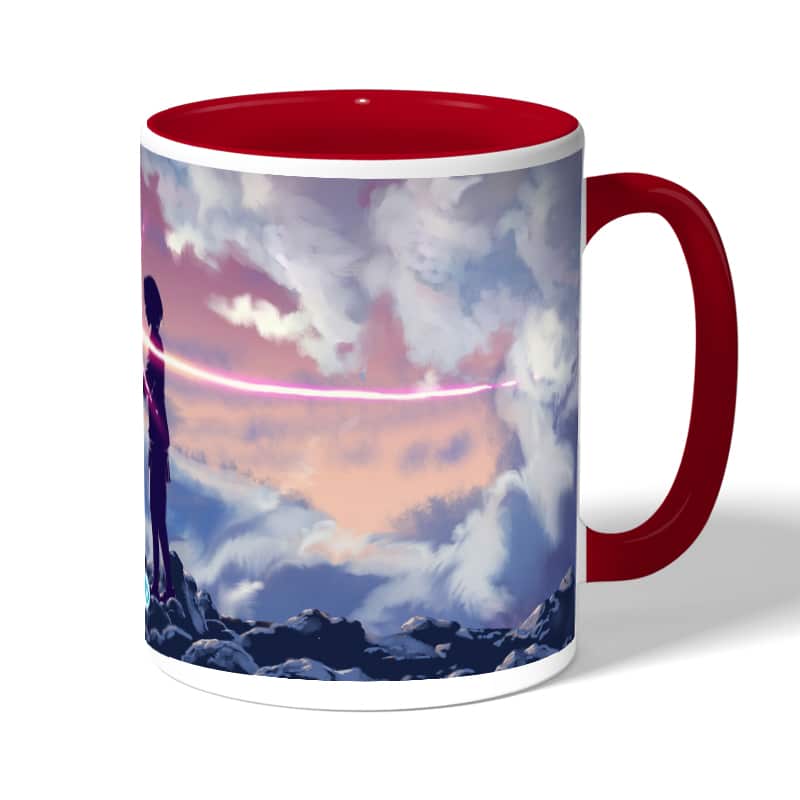 كوب قهوة بمقبض احمر بتصميم لحظه اللقاء انمي أسمك كوب قهوة بمقبض احمر بتصميم لحظه اللقاء انمي أسمك