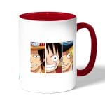 كوب قهوة بمقبض احمر بتصميم لوفي وشقيقاه ون بيس