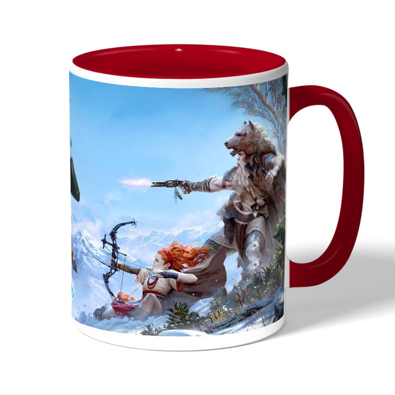 كوب قهوة بمقبض احمر بتصميم هوريزن زيرو دون كوب قهوة بمقبض احمر بتصميم هوريزن زيرو دون