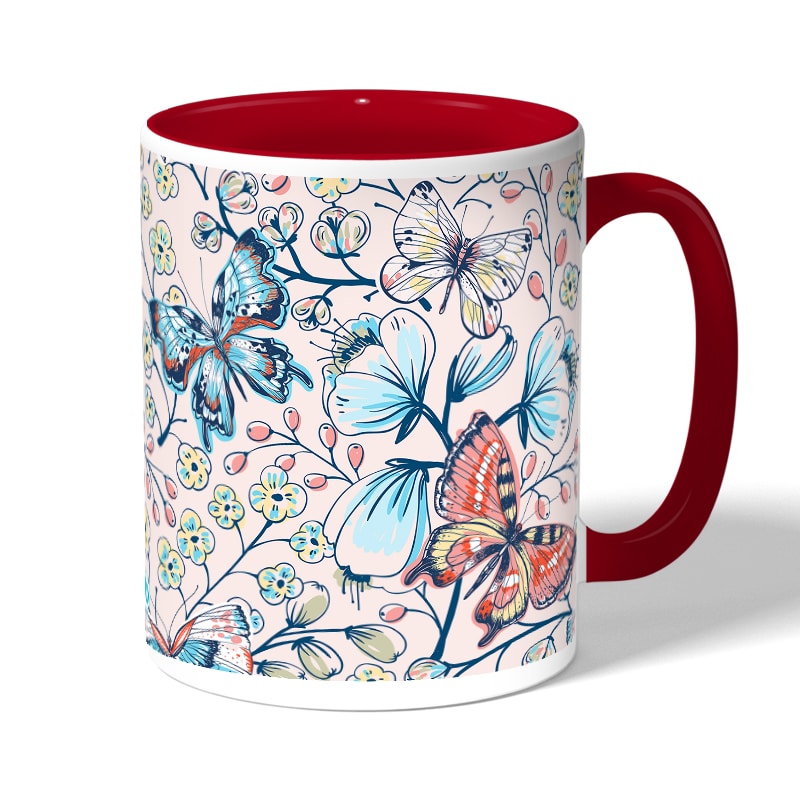 كوب قهوة بمقبض احمر بتصميم ورود وفراشات كوب قهوة بمقبض احمر بتصميم ورود وفراشات