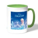 كوب قهوة بمقبض اخضر بتصميم إلسا ملكة الثلج