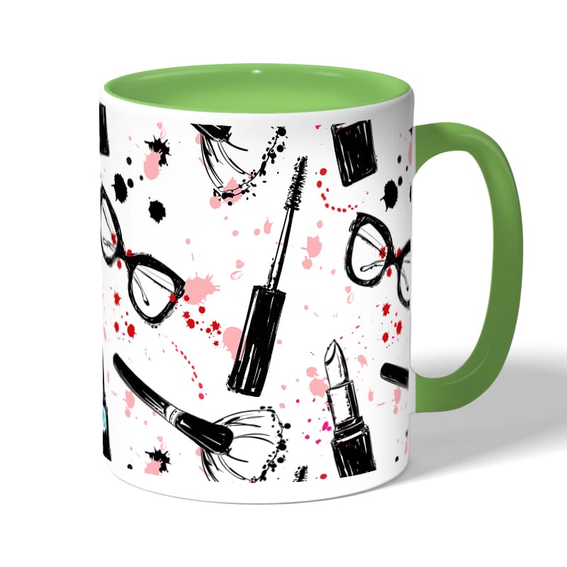 كوب قهوة بمقبض اخضر بتصميم ادوات المكياج والموضة كوب قهوة بمقبض اخضر بتصميم ادوات المكياج والموضة