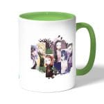 كوب قهوة بمقبض اخضر بتصميم اصدقاء قاتل شيطان