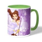 كوب قهوة بمقبض اخضر بتصميم الاميرة بيلا بفستان لامع