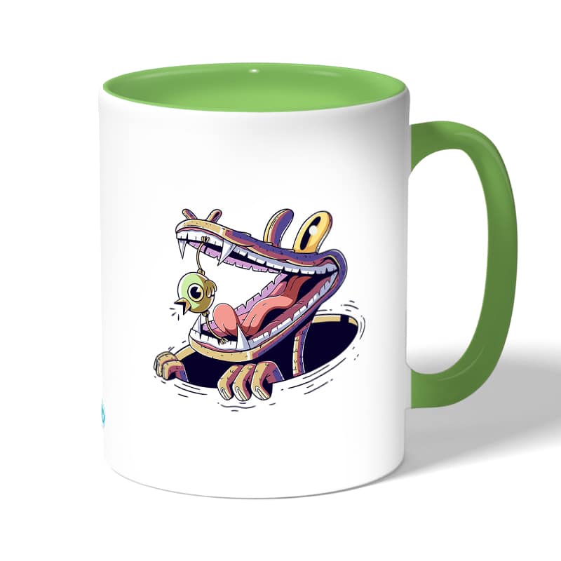 كوب قهوة بمقبض اخضر بتصميم التمساح والصوص كوب قهوة بمقبض اخضر بتصميم التمساح والصوص