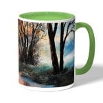 كوب قهوة بمقبض اخضر بتصميم انعكاس الغروب