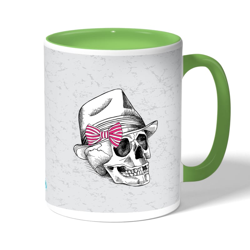 كوب قهوة بمقبض اخضر بتصميم جمجمه بقبعه كوب قهوة بمقبض اخضر بتصميم جمجمه بقبعه