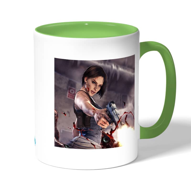 كوب قهوة بمقبض اخضر بتصميم جيل فالنتاين اطلاق النار رزدنت ايفل 3 كوب قهوة بمقبض اخضر بتصميم جيل فالنتاين اطلاق النار رزدنت ايفل 3