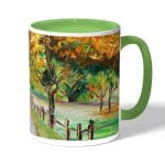 كوب قهوة بمقبض اخضر بتصميم رسم الطبيعه