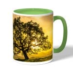 كوب قهوة بمقبض اخضر بتصميم شجره الغروب