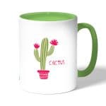 كوب قهوة بمقبض اخضر بتصميم صبار رسم