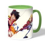 كوب قهوة بمقبض اخضر بتصميم ضربه القبضه كل الانميات