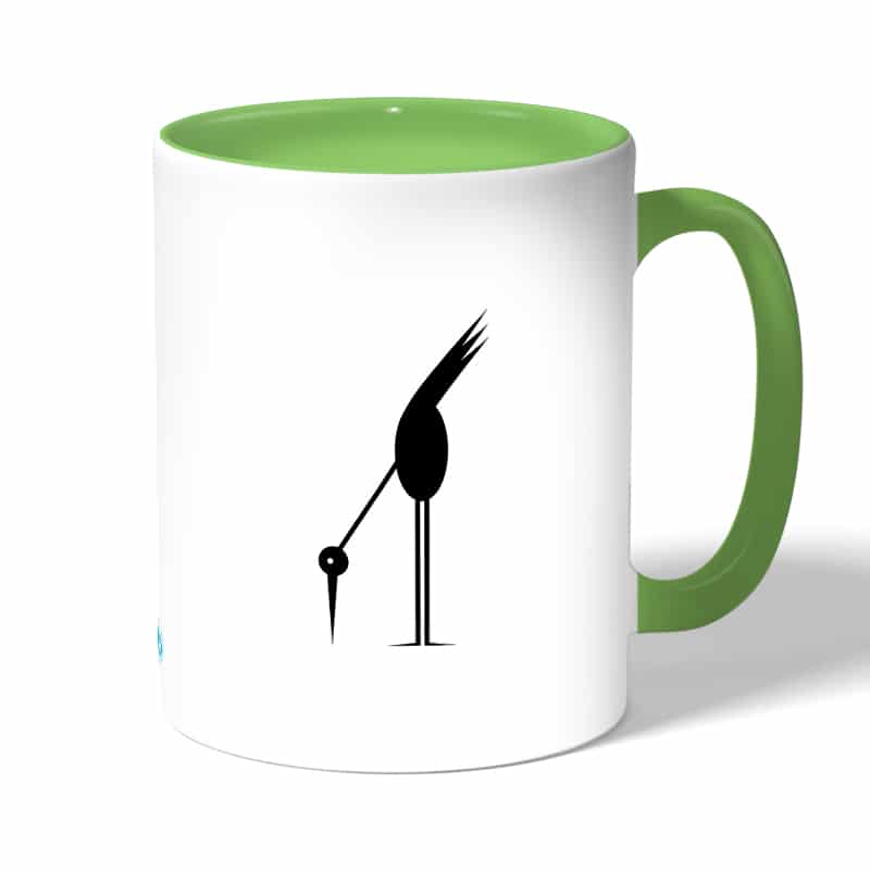 كوب قهوة بمقبض اخضر بتصميم طائر أسود كوب قهوة بمقبض اخضر بتصميم طائر أسود