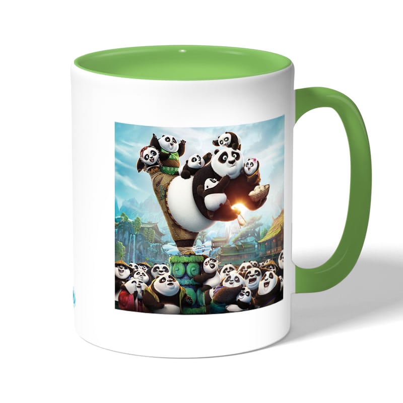 كوب قهوة بمقبض اخضر بتصميم عائلة كونغ فو باندا كوب قهوة بمقبض اخضر بتصميم عائلة كونغ فو باندا