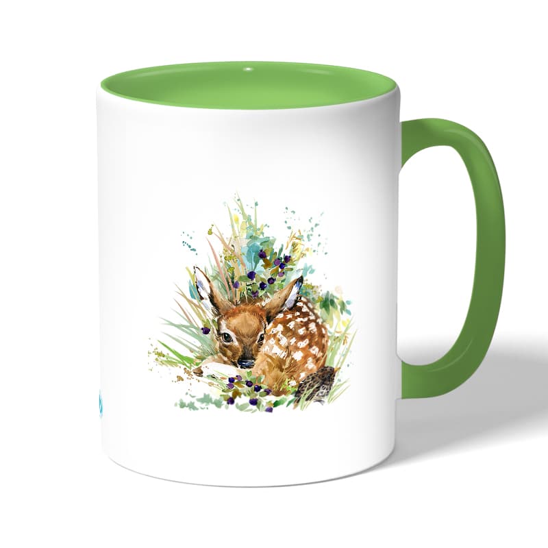 كوب قهوة بمقبض اخضر بتصميم غزال صغير كوب قهوة بمقبض اخضر بتصميم غزال صغير