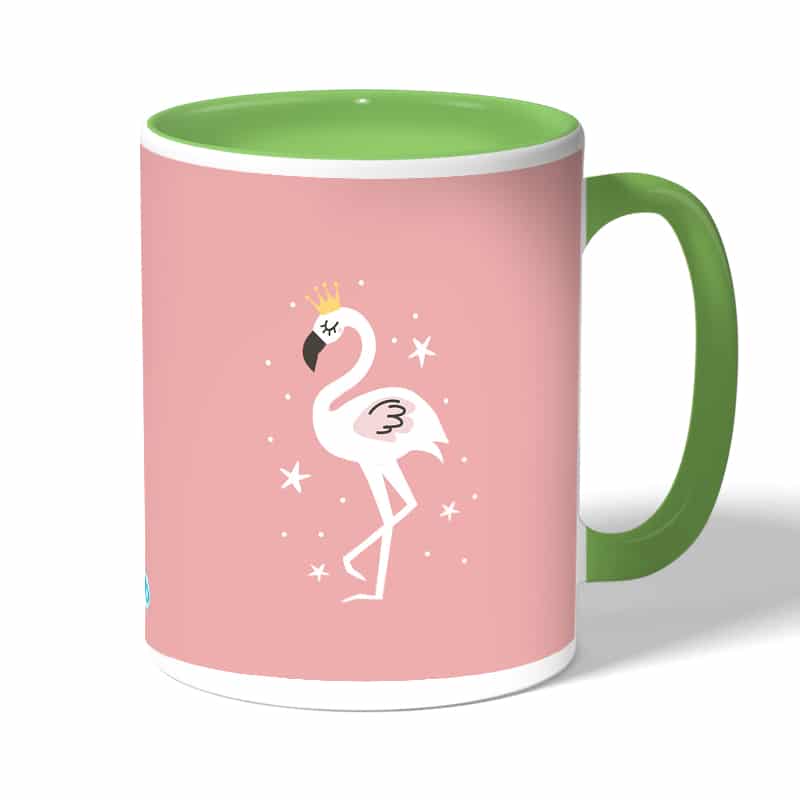 كوب قهوة بمقبض اخضر بتصميم فلامنجو بتاج كوب قهوة بمقبض اخضر بتصميم فلامنجو بتاج