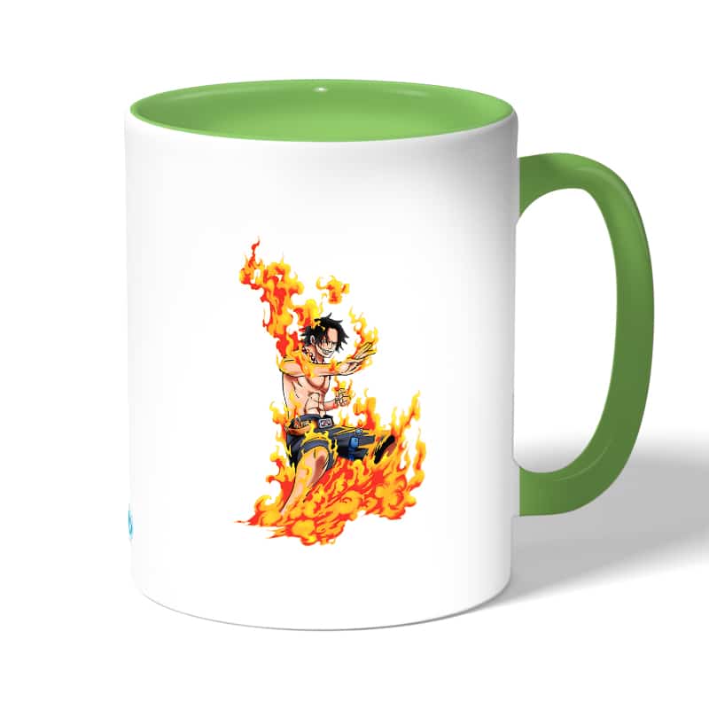 كوب قهوة بمقبض اخضر بتصميم قوة إيس من ون بيس كوب قهوة بمقبض اخضر بتصميم قوة إيس من ون بيس