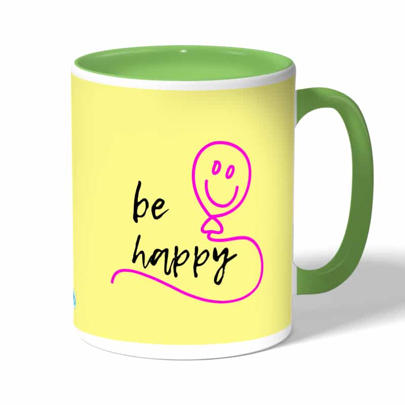 كوب قهوة بمقبض اخضر بتصميم كن سعيد كوب قهوة بمقبض اخضر بتصميم كن سعيد