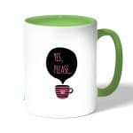 كوب قهوة بمقبض اخضر بتصميم كوب بعباره