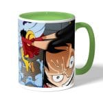 كوب قهوة بمقبض اخضر بتصميم لوفي ضد سيزار ون بيس