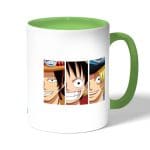 كوب قهوة بمقبض اخضر بتصميم لوفي وشقيقاه ون بيس
