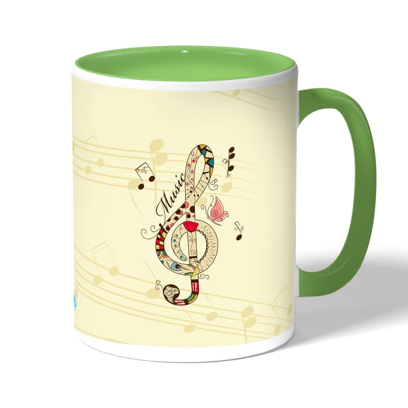 كوب قهوة بمقبض اخضر بتصميم نغمة موسيقية جميلة كوب قهوة بمقبض اخضر بتصميم نغمة موسيقية جميلة