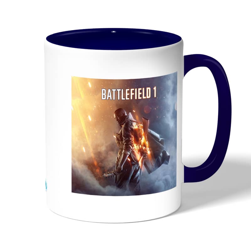 كوب قهوة بمقبض ازرق داكن بتصميم اسلحة باتلفيلد كوب قهوة بمقبض ازرق داكن بتصميم اسلحة باتلفيلد