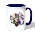 كوب قهوة بمقبض ازرق داكن بتصميم اصدقاء قاتل شيطان