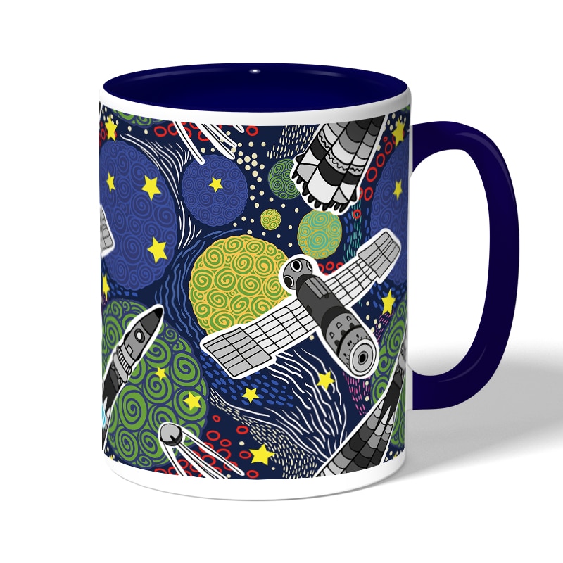 كوب قهوة بمقبض ازرق داكن بتصميم الفضاء الخارجي كوب قهوة بمقبض ازرق داكن بتصميم الفضاء الخارجي