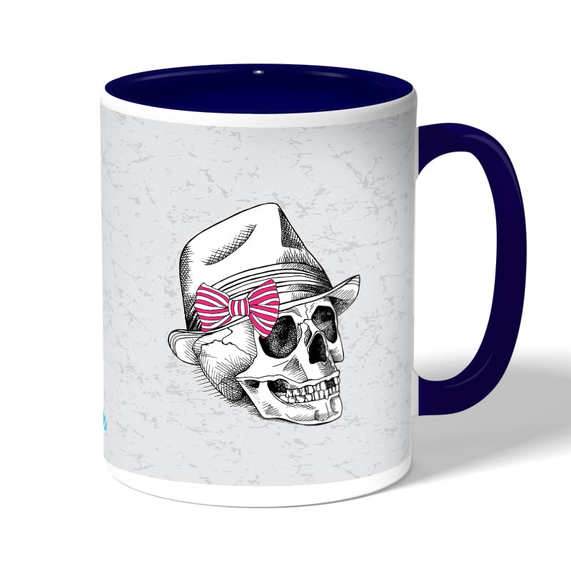 كوب قهوة بمقبض ازرق داكن بتصميم جمجمه بقبعه كوب قهوة بمقبض ازرق داكن بتصميم جمجمه بقبعه