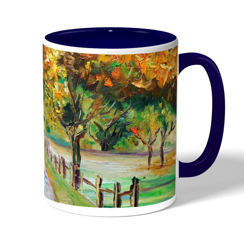 كوب قهوة بمقبض ازرق داكن بتصميم رسم الطبيعه كوب قهوة بمقبض ازرق داكن بتصميم رسم الطبيعه