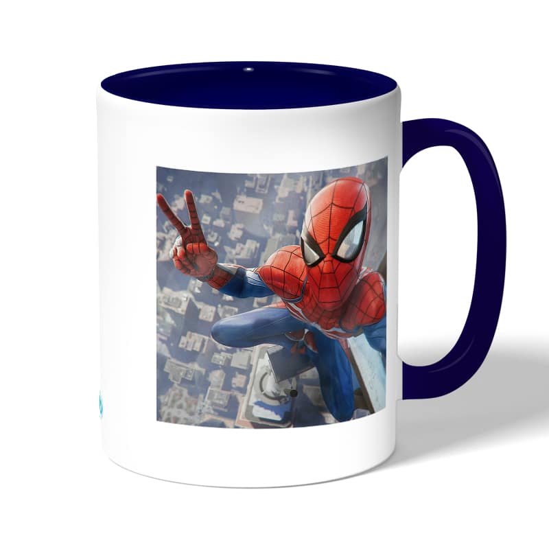 كوب قهوة بمقبض ازرق داكن بتصميم سبايدر مان اعلى البرج كوب قهوة بمقبض ازرق داكن بتصميم سبايدر مان اعلى البرج