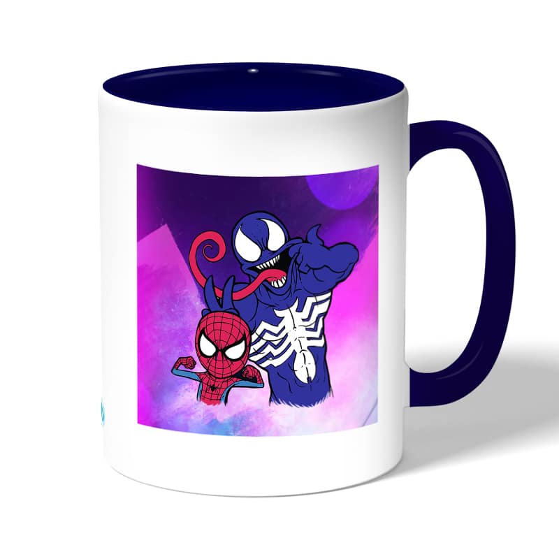 كوب قهوة بمقبض ازرق داكن بتصميم سبيدر مان رسم كوب قهوة بمقبض ازرق داكن بتصميم سبيدر مان رسم