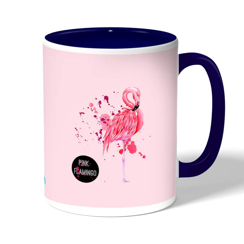 كوب قهوة بمقبض ازرق داكن بتصميم فلامنجو وردي كوب قهوة بمقبض ازرق داكن بتصميم فلامنجو وردي