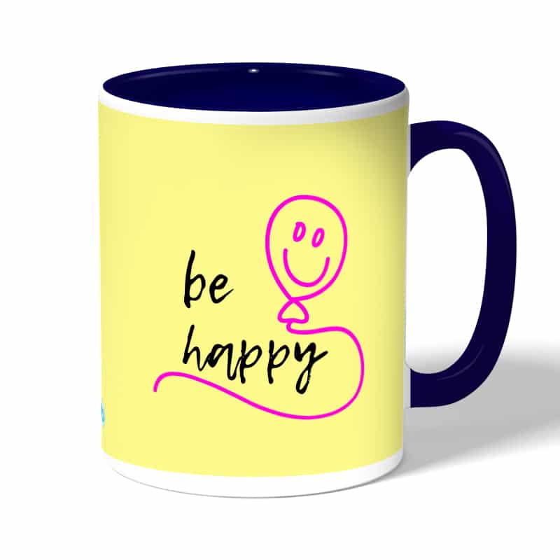 كوب قهوة بمقبض ازرق داكن بتصميم كن سعيد كوب قهوة بمقبض ازرق داكن بتصميم كن سعيد