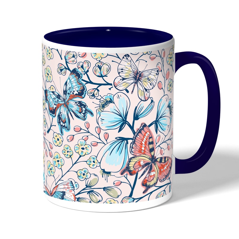 كوب قهوة بمقبض ازرق داكن بتصميم ورود وفراشات كوب قهوة بمقبض ازرق داكن بتصميم ورود وفراشات