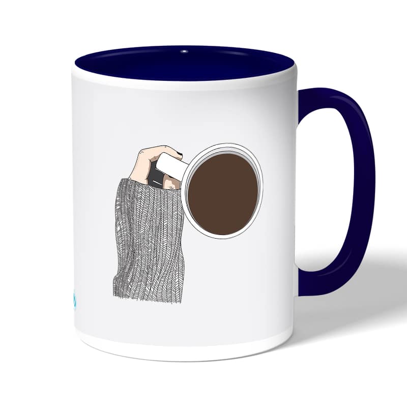 كوب قهوة بمقبض ازرق داكن بتصميم وقت القهوة كوب قهوة بمقبض ازرق داكن بتصميم وقت القهوة