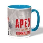 كوب قهوة بمقبض ازرق فاتح بتصميم أبيكس ليجندز جبل طارق