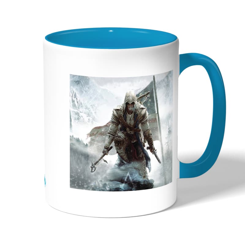 كوب قهوة بمقبض ازرق فاتح بتصميم أساسنز كريد الثورة الأمريكية كوب قهوة بمقبض ازرق فاتح بتصميم أساسنز كريد الثورة الأمريكية