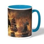 كوب قهوة بمقبض ازرق فاتح بتصميم أساسنز كريد بلاك فلاغ