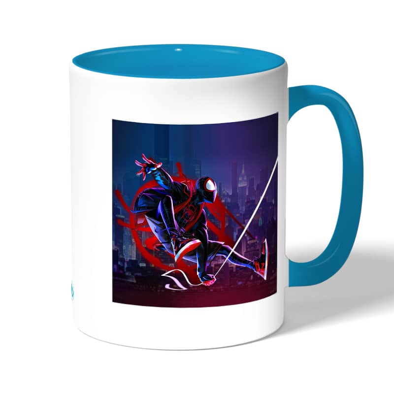 كوب قهوة بمقبض ازرق فاتح بتصميم إنتو ذا سبايدر فيرس كوب قهوة بمقبض ازرق فاتح بتصميم إنتو ذا سبايدر فيرس