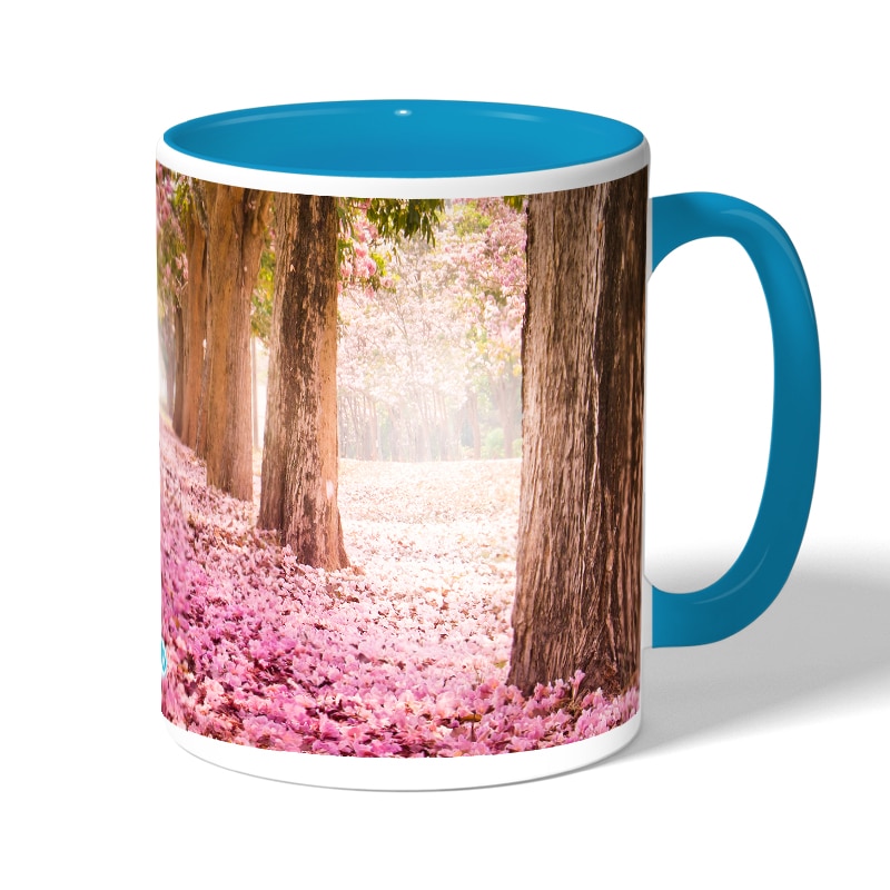 كوب قهوة بمقبض ازرق فاتح بتصميم اشجار الساكورا كوب قهوة بمقبض ازرق فاتح بتصميم اشجار الساكورا