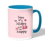 كوب قهوة بمقبض ازرق فاتح بتصميم الأجازه