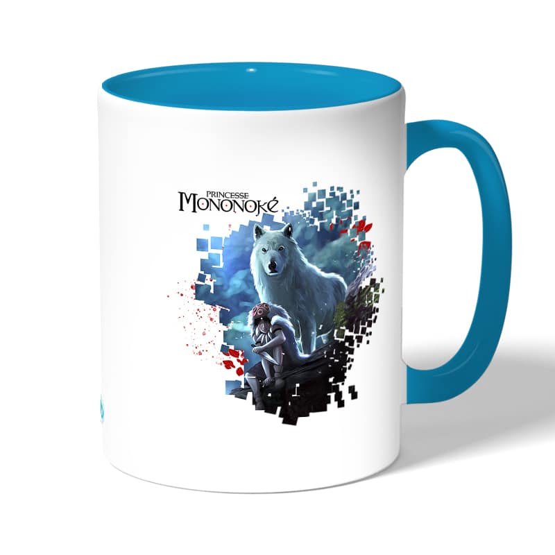 كوب قهوة بمقبض ازرق فاتح بتصميم الاميرة مونونوكي مع ذئب كوب قهوة بمقبض ازرق فاتح بتصميم الاميرة مونونوكي مع ذئب
